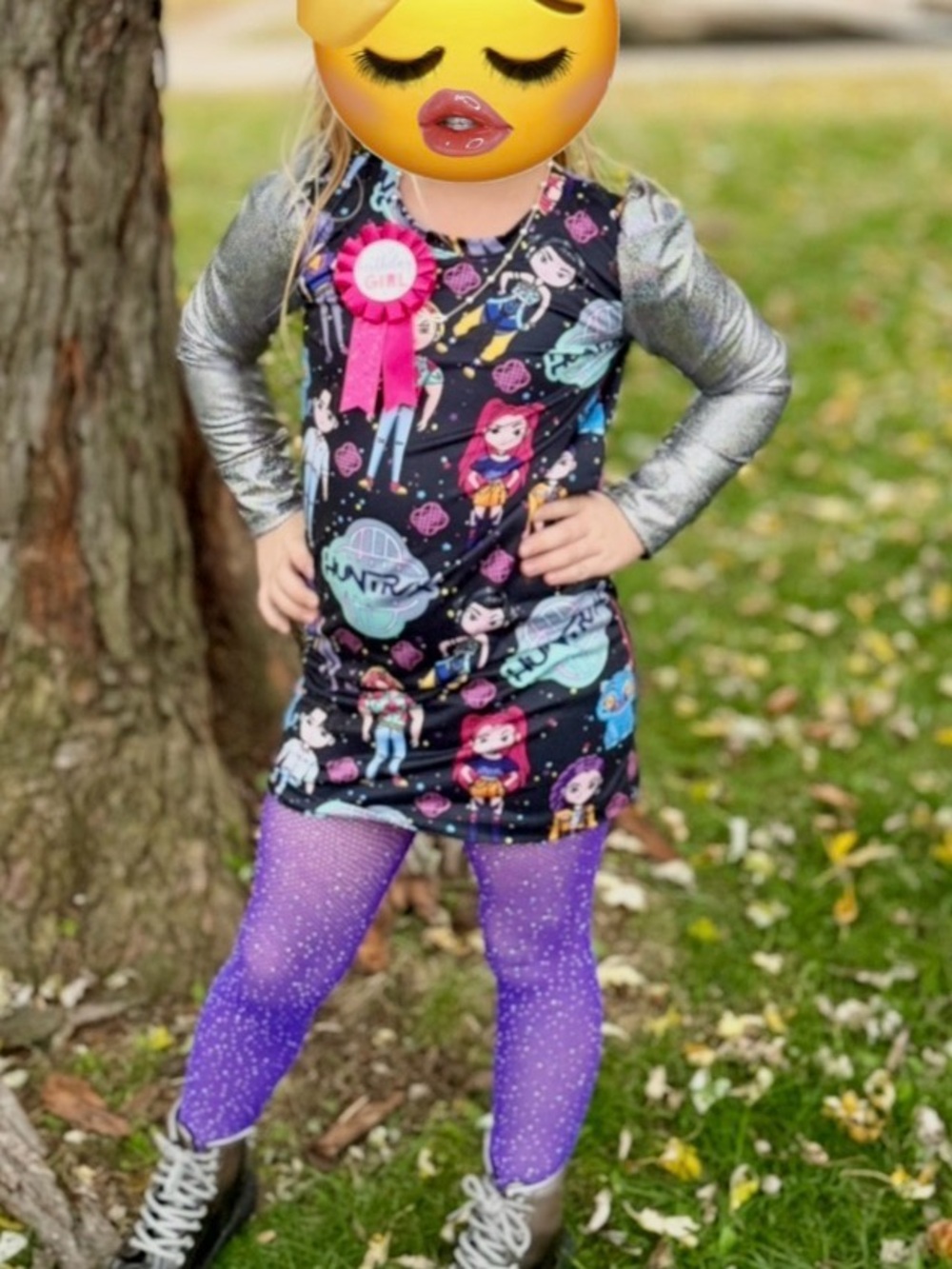 Girls' Space Character Dress with Silver Metallic Sleeves - Purple